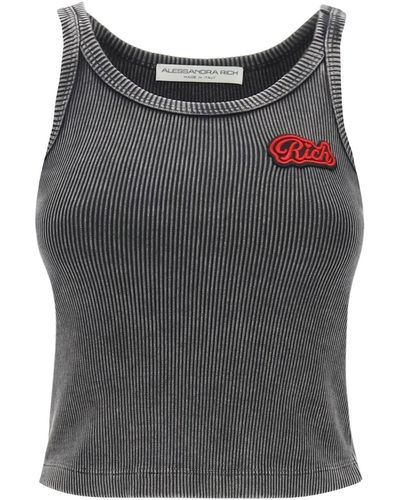 Alessandra Rich Ribbed Tank Top With Logo Patch - Gray