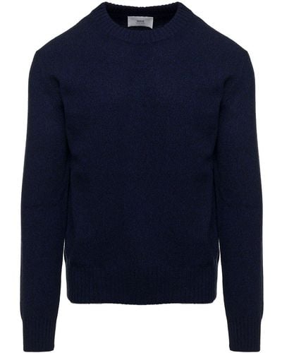 Ami Paris Blue Crewneck Sweater With Ribbed Trim In Cashmere And Wool Man