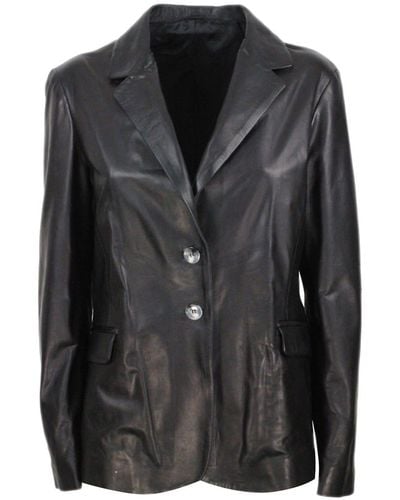 Barba Napoli Soft Leather Blazer Jacket With 2 Button Closure And Flap Pockets - Black