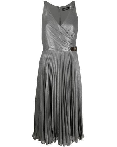 Lauren by Ralph Lauren Metallic Pleated Midi Dress - Gray