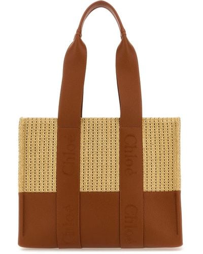 Chloé Two-tone Raffia And Leather Medium Woody Shopping Bag - Brown
