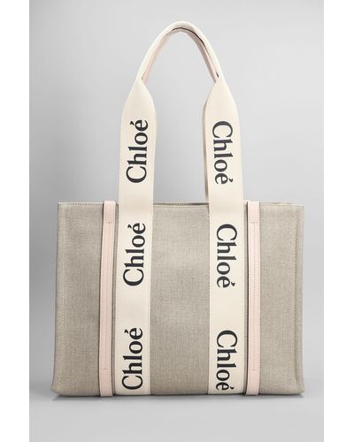Chloé Woody Tote In Beige Canvas - Natural