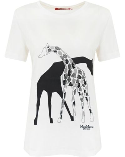 Max Mara Studio Rita Cotton T-shirt With Giraffe Print - White