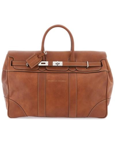 Brunello Cucinelli Grained Leather 'weekender Country' Duffle Bag - Brown
