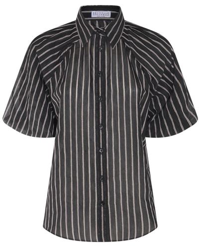 Brunello Cucinelli Stripe Detailed Curved Hem Blouse - Black