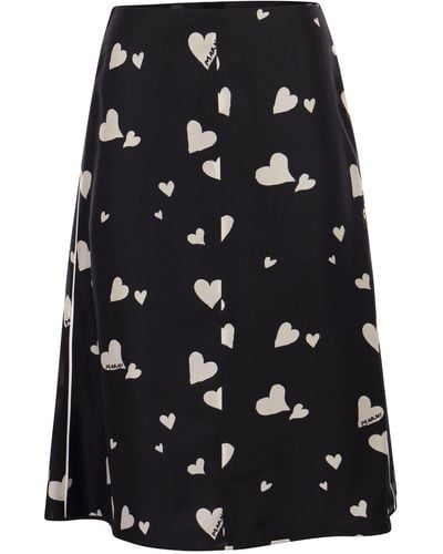 Marni Bunch Of Hearts Print Silk Flared Skirt - Black