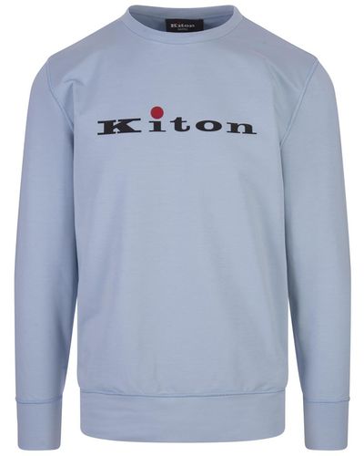 Kiton Light Blue Crew Neck Sweatshirt With Logo
