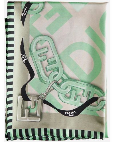 Fendi Logo Print Silk Scarf - Green