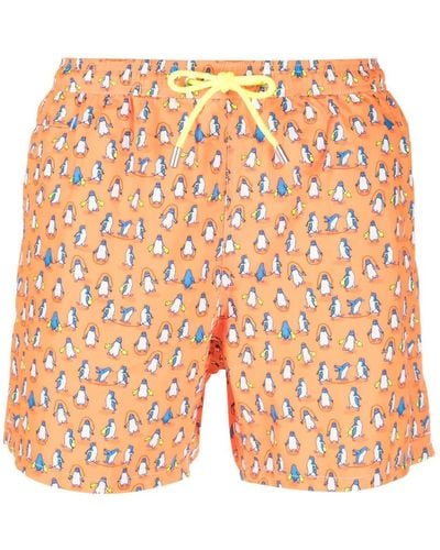 Mc2 Saint Barth Jumping Penguins-print Swim Shorts - Orange