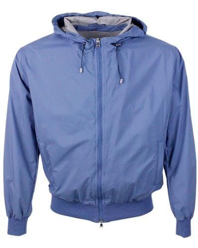 Barba Napoli Lightweight Bomber Jacket In Windproof Technical Fabric With Hood With Integrated Drawstring And Zip Closure - Blue