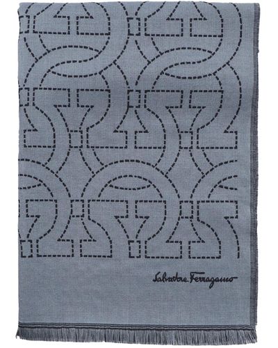 Ferragamo Wool Scarf With Gancini Logo - Blue