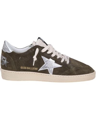 Golden Goose Ball Star Sneakers In Olive Green Suede - Brown