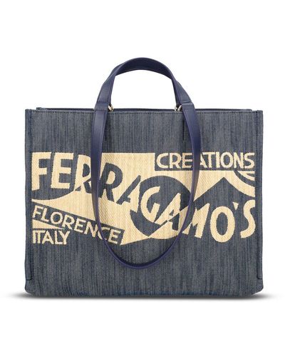 Ferragamo Logo Detailed Medium Tote Bags - Blue