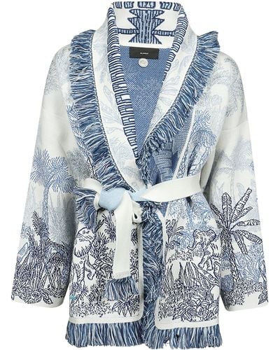 Alanui Icon Jungle Toile De Jouy Fringed Belted Wool, Cotton And Silk-blend Cardigan - Blue