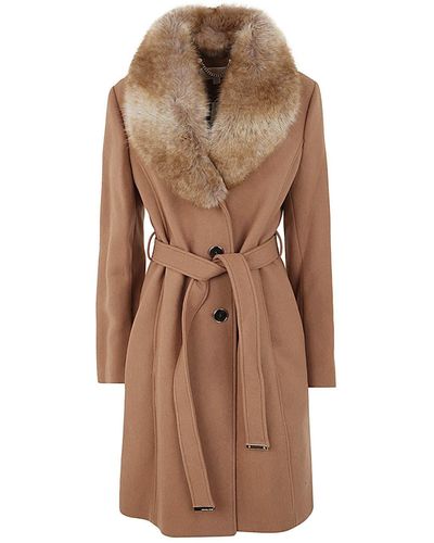 MICHAEL Michael Kors Btn Front Belted Wool Coat With Detachable Faux Fur Collar - Brown