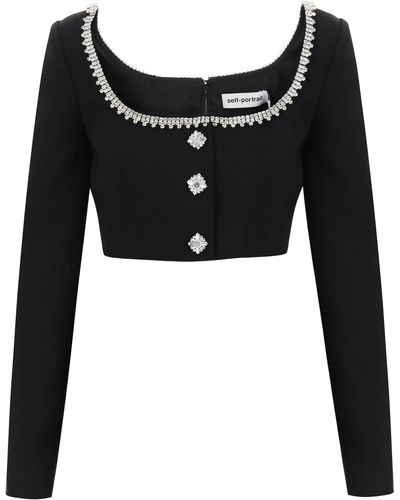 Self-Portrait Self Portrait Cropped Top With Crystals - Black