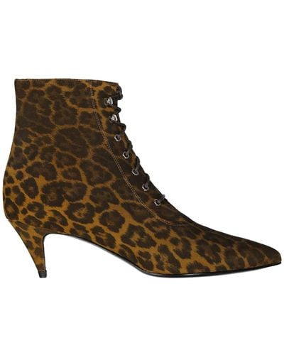 Saint Laurent Kiki Lace Up Leopard Print Ankle Boots - Brown