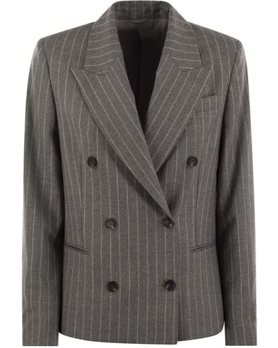 Brunello Cucinelli Virgin Wool Mouliné Pinstripe Jacket With Beadwork - Black