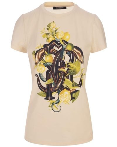Roberto Cavalli Ivory T-shirt With Lemons And Snake Print - White