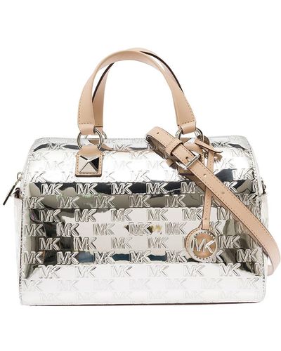 MICHAEL Michael Kors 'medium Grayson' Silver Satchel Bag With All-over Embossed Logo In Patent Woman - Metallic