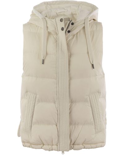 Brunello Cucinelli Sleeveless Nylon Down Jacket With Hood And Shiny Trim - Natural