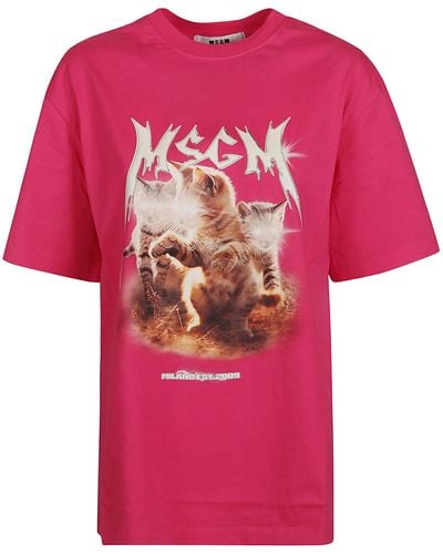 MSGM Round Neck Logo Print T-Shirt - Pink