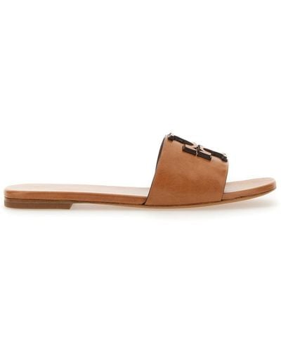 Tory Burch Eleanor Leather Flat Sandals - Brown