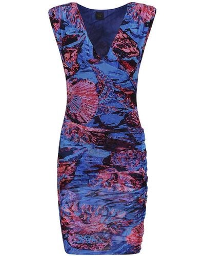 Pinko Allover Printed V-neck Dress - Blue