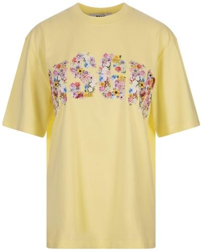 MSGM T-Shirt With Floral College Logo - Yellow