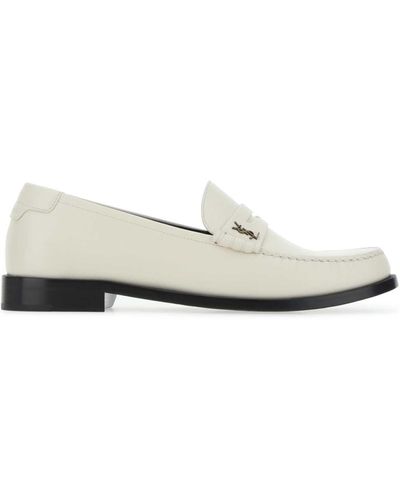 Saint Laurent Chalk Leather Monogram Loafers - White
