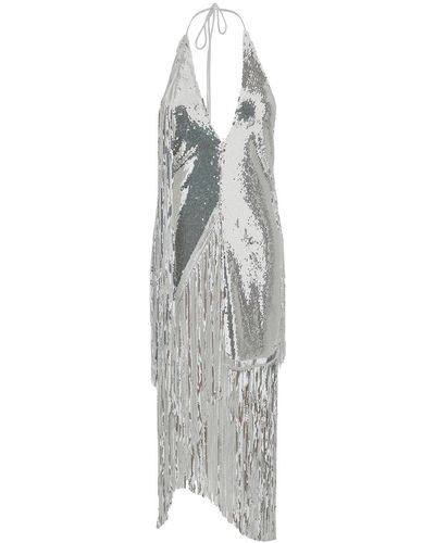 ROTATE BIRGER CHRISTENSEN Midi Silver Dress With Fringes And Paillettes In Stretch Fabric Woman - Gray