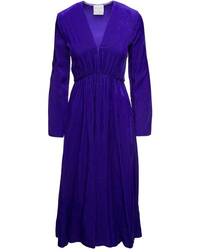 Forte Forte Long Blue Dress With V Neckline And Elasticated Waist In Ribbed Velvet Woman - Purple