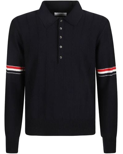 Thom Browne Rwb-striped Long-sleeved Polo Shirt - Black