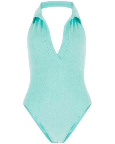 Lisa Marie Fernandez Light- Stretch Seersucker Polo Maillot Swimsuit - Blue