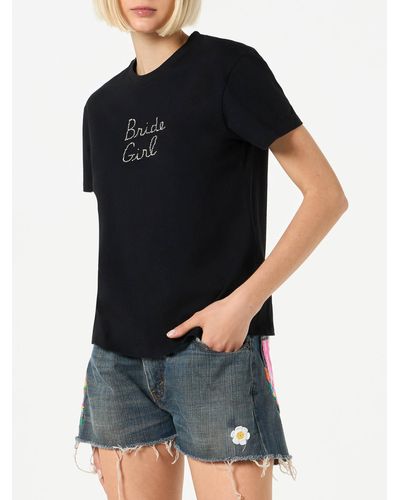 Mc2 Saint Barth Cotton T-Shirt With Bride Girl Rhinestone Embroidery - Black