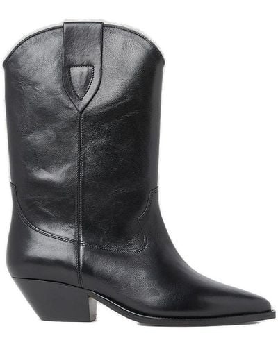 Isabel Marant Premium Leather Pointed Toe Block Heel Ankle Boots. - Black
