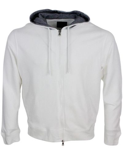 Barba Napoli Lightweight Stretch Cotton Sweatshirt With Hood With Contrasting Colour Interior And Zip Closure - White
