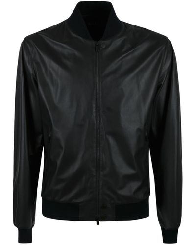 Zegna Rib Trim Leather Jacket - Black