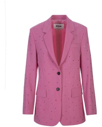 MSGM "wool Suiting" Jacket In Virgin Wool With Jeweled Applications - Pink