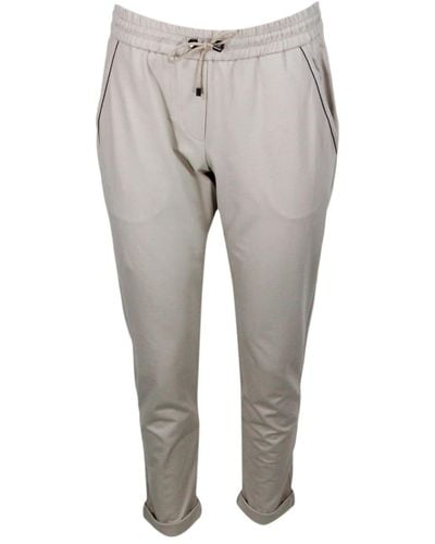 Brunello Cucinelli Jogging Pants With Drawstring Waist In Stretch Cotton With Welt Pockets Embellished With Jewels - Gray