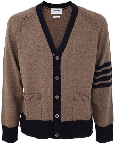 Thom Browne Jersey Stitch Raglan Sleeve Relaxed V Neck Cardigan - Brown