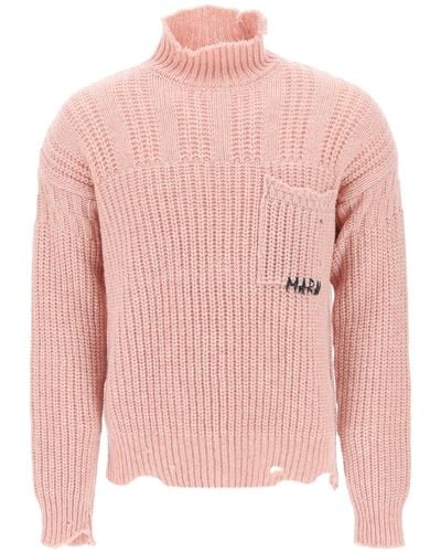 Marni Funnel-neck Sweater In Destroyed-effect Wool - Pink