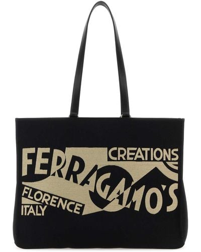 Ferragamo Canvas Large Tt Sign Shopping Bag - Black