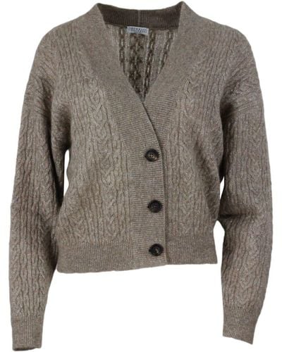 Brunello Cucinelli Cable Knit Wool Blend Cardigan Sweater - Gray