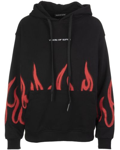 Vision Of Super Unisex Hoodie With Red Spray Flames Print - Black