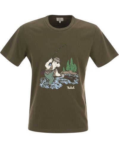 Woolrich Pure Cotton T-Shirt With Illustration - Green