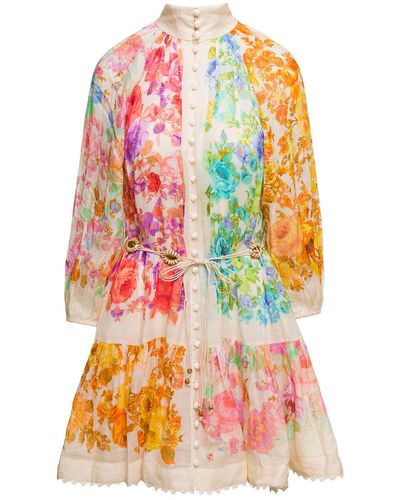 Zimmermann Raie Lantern Mini Dress With Floreal Print And Covered Buttons