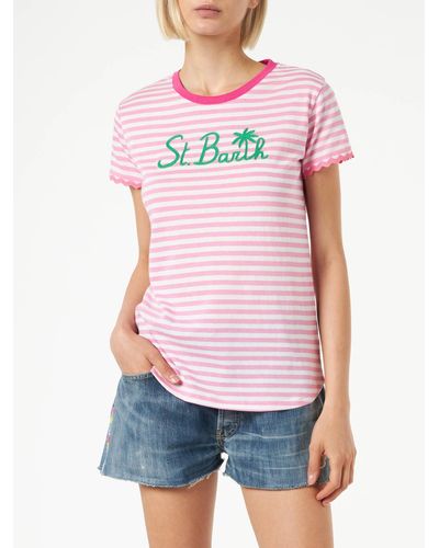 Mc2 Saint Barth Fucsia Striped Cotton T-shirt With St. Barth Embroidery - Pink