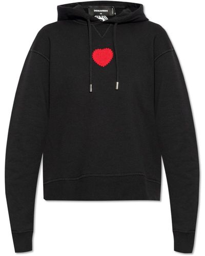 DSquared² Heart Patch Drawstring Hoodie - Black