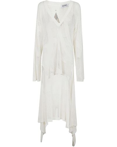 The Attico V-Neck Perforated Asymmetric Mini Dress - White